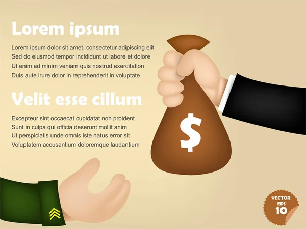 Инфографика бизнесмена, дающего денежную сумку военному, коррупционная концепция — стоковый вектор