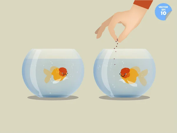 Hombre alimentación goldfish en cuenco, concepto injusto — Vector de stock