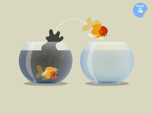 Золотая рыбка выпрыгивает из аквариума с сточными водами в другую, где наполняется пресной водой, концепция улучшения — стоковый вектор