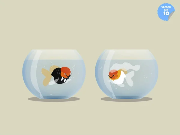 Robe couple de poissons rouges avec marié et mariée dans un bol séparé, poissons rouges isolés dans un bol, concept marié — Image vectorielle