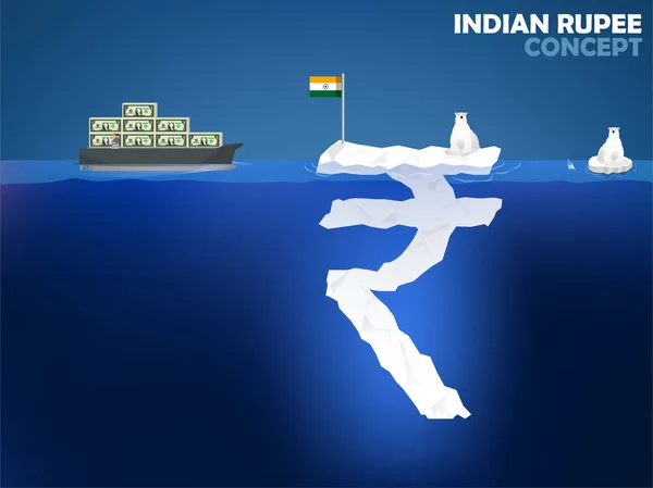 Ilustração do projeto gráfico do símbolo indiano da rupia como iceberg no oceano com urso polar, projeto do conceito do valor do dinheiro da rupia indiana —  Vetores de Stock