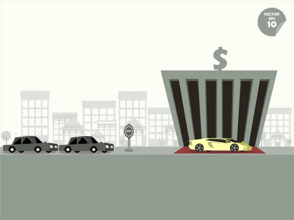 VIP έννοια, σύγκριση μεταξύ σούπερ αυτοκίνητο και γενικός αυτοκίνητο όταν σταθμεύσετε στην Τράπεζα — Διανυσματικό Αρχείο