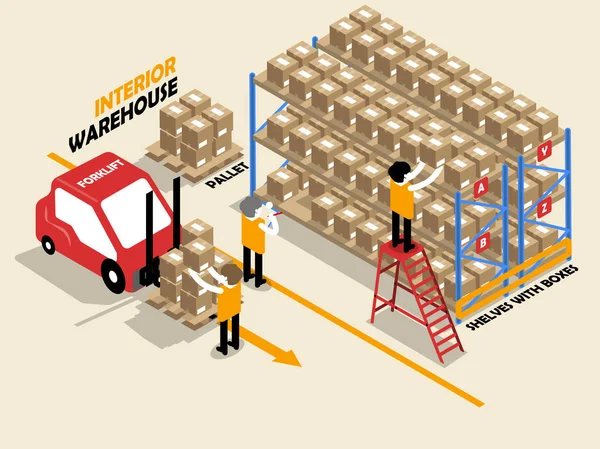 Projeto isométrico bonito do armazém interior, prateleiras, caixas, escada, pálete e fofklift —  Vetores de Stock