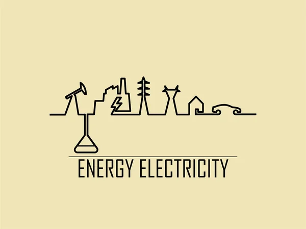 Mono linha ilustração vetor do sistema de energia elétrica doméstica consiste em combustível fóssil, usina, torre de transmissão, casa e veículo elétrico — Vetor de Stock