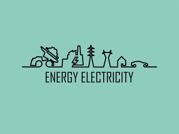 Mono-line illustration vektor hem energi makt elsystemet består av fossila bränslen, kraftverk, överföring torn, hus och elfordon — Stock vektor