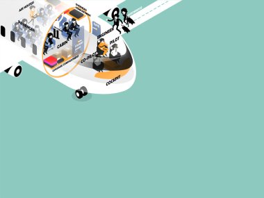 güzel izometrik kesit tasarım hava uçak ve Havacılık personel pilot oluşur, co pilot, kokpit ve hava hostes, hava kamarot, yolcu kopya alan arka plan ile mühendis