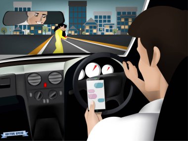 Ulaşım ve araç konsepti - kadın ve oğlu yoldan geçerken araba sürüş sırasında akıllı telefon kullanan adam