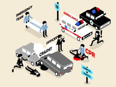 beautiful isometric style concept design of emergency situation scene; car crash, CPR performing and police officer clipart