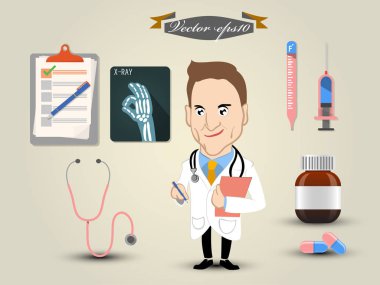 Doktor ve onun aksesuarları tıbbi ekipman denetim listesi stetoskop termometre gibi grafik tasarım vektör
