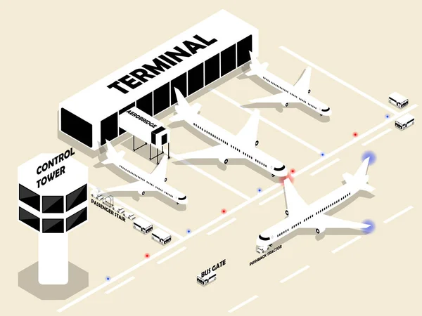 Belo estilo isométrico do aeroporto com planos aéreos, terminal, aerobridge, torre de controle e transporte do aeroporto. Edifício do aeroporto isométrico. Edifício do aeroporto com pista. Transportes públicos . —  Vetores de Stock