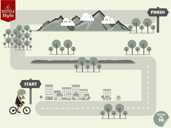 Info grafica della mountain bike guida sulla mappa esterna al punto di arrivo, estremo ciclismo sport info grafiche — Vettoriale Stock