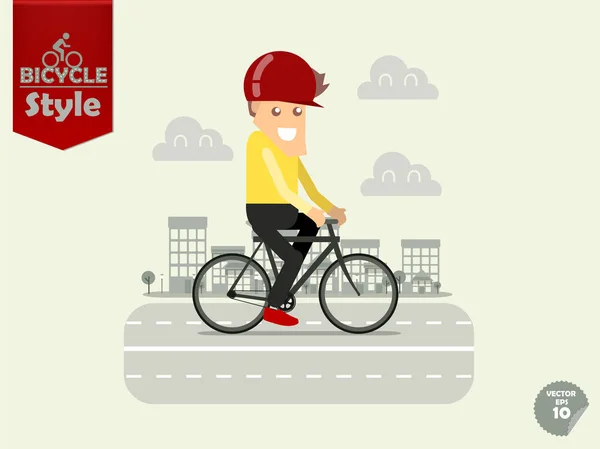 Mannen med cykelhjälm cykling urban cykel med staden bakgrund, urban cykel koncept — Stock vektor