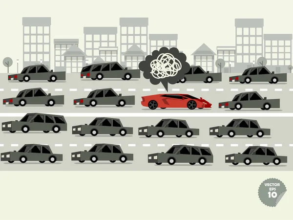 Traffic jam, szuper autó beszorult a forgalmi dugó és vezető fogalma rossz hangulatban — Stock Vector