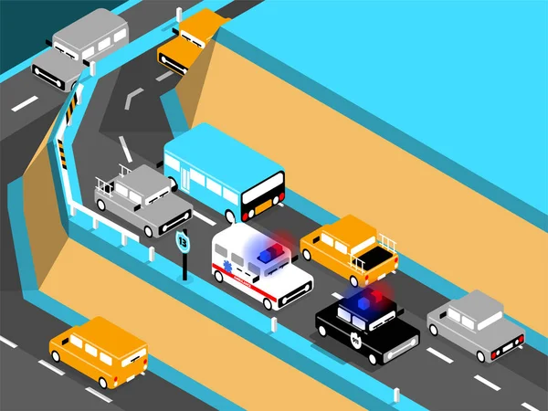 Dağ, ambulans ve polis arabası trafikte araba yolda araba güzel izometrik tasarım. — Stok Vektör