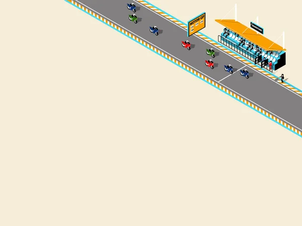 Красивый дизайн изометрический мотоцикл мотоспорта на гоночной трассе, трибуне, мотоцикле с копировальным пространством; мотоцикл изометрический дизайн — стоковый вектор