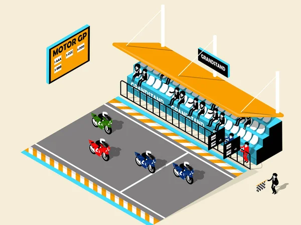 Mooi design isometrisch van motor-sport motorfiets op racing track, tribune, motor-fiets; motor-fiets isometrische ontwerp — Stockvector