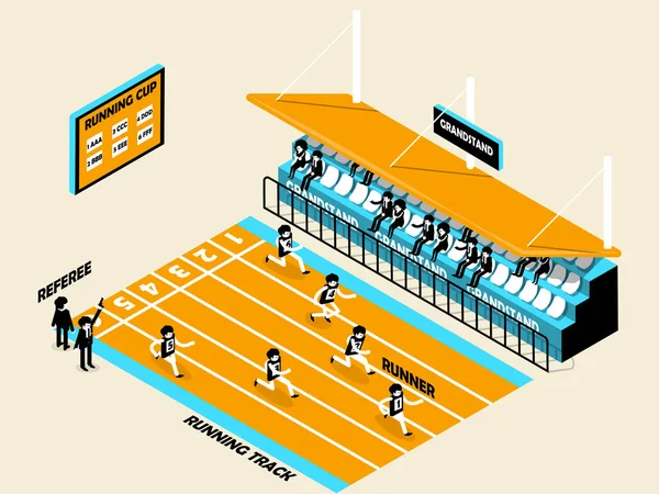 Atletizm, koşu parkuru, tribün, runner ve hakem, atletizm izometrik tasarım güzel izometrik tasarım