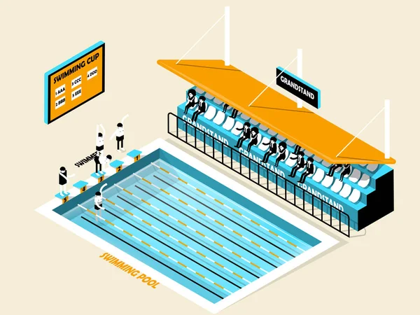 Belo design isométrico da piscina, arquibancada, nadador e placar, piscina design isométrico — Vetor de Stock