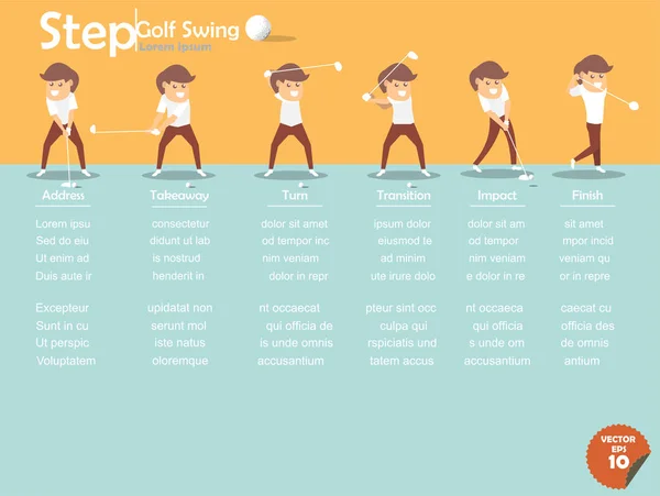Hermoso diseño del paso de realizar oscilación del golf, diseño del oscilación del golf, gráficos de la información del paso de realizar oscilación del golf — Vector de stock