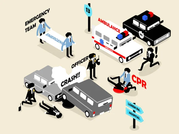 Konsep isometrik indah desain situasi darurat adegan; kecelakaan mobil, penampilan CPR dan polisi petugas - Stok Vektor