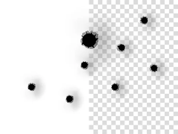 Fori di proiettile realistici da un'arma da fuoco in una piastra metallica su sfondo trasparente, concetto di design della texture — Vettoriale Stock