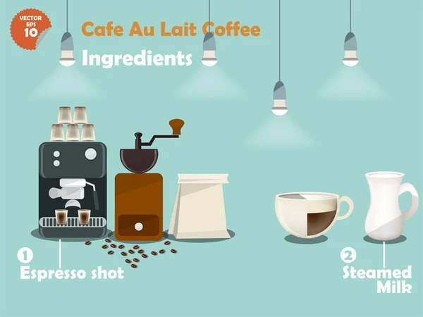 Progettazione grafica di caffè caffè caffè au lait ricette, grafica info di caffè au lait ingredienti, raccolta di macchina per il caffè, macinacaffè, latte, espresso girato per fare una grande tazza di caffè . — Vettoriale Stock