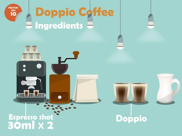 Graphisme des recettes de café doppio, infographie des ingrédients du café doppio, collection d'illustrations de machine à café, moulin à café, lait, expresso pour faire une grande tasse de café . — Image vectorielle