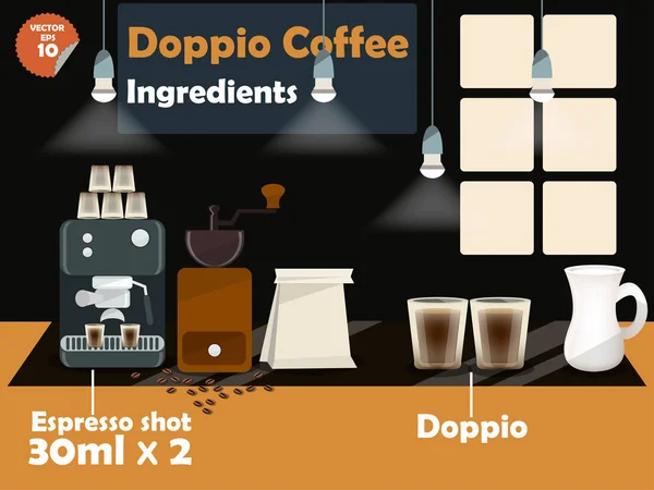 Graphisme des recettes de café doppio, infographie des ingrédients du café doppio, collection d'illustrations de machine à café, moulin à café, lait, expresso pour faire une grande tasse de café . — Image vectorielle