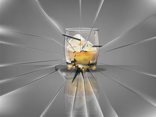Vidrio de whisky hermoso realista con cubos de hielo y vector de whisky, escena de vidrio roto — Vector de stock