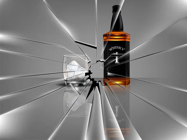 Realistické krásné whisky láhev s krásným sklem whisky a ledu, rozbité sklo scénu — Stockový vektor