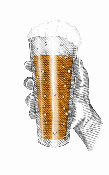 Bir bardak bira tutan el çizimi — Stok Vektör