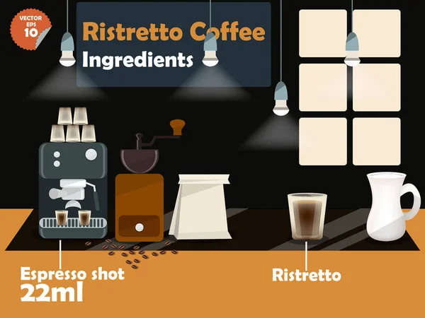 Graphisme des recettes de café ristretto, infographie des ingrédients du café ristretto, collection de machine à café, moulin à café, lait, expresso pour faire une grande tasse de café . — Image vectorielle