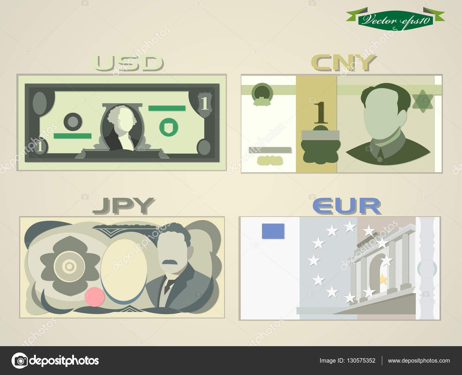 Minimal graphic design vector of US dollar(USD) Chinese yuan(CNY) japanese  yen(JPY) and EUR paper money Stock Vector by ©watchara.tk@gmail.com  130575352