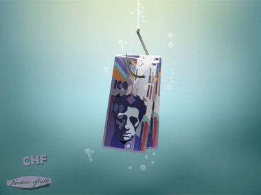 Para konsept illüstrasyon, İsviçre Frangı para kağıt üzerinde balık kanca