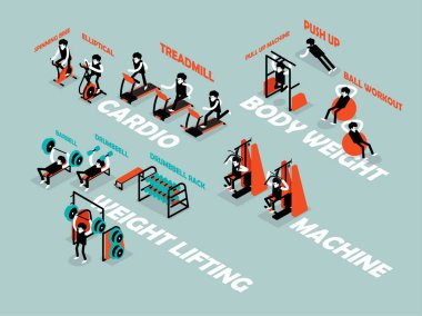 Spor, bilgi-grafik egzersiz izometrik tasarım konsepti olarak bilgi-grafik çalışma güzel izometrik düz tasarımı