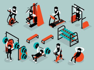 Spor, egzersiz makinesi izometrik tasarım konsepti olarak adam çalışma güzel izometrik düz tasarımı