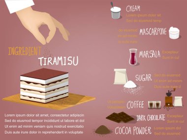 tatlı renkli bilgi-grafik tasarım oluşur krem, mascarpone, marsala, şeker, kahve, koyu çikolata ve kakao tozu, tatlı tasarım konsepti tiramisu pasta madde