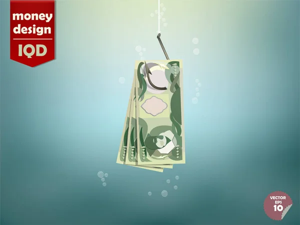 Ilustración de concepto de dinero, dinar iraquí papel de dinero en gancho de pescado — Vector de stock