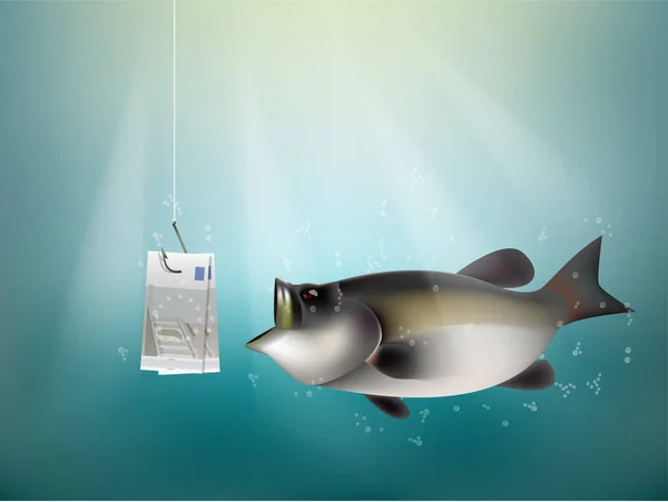 Денежная бумага Европейского союза на рыбный крючок, рыбалка на наличные деньги Европейского союза в качестве приманки, концепция инвестиционного риска Европейского союза — стоковый вектор