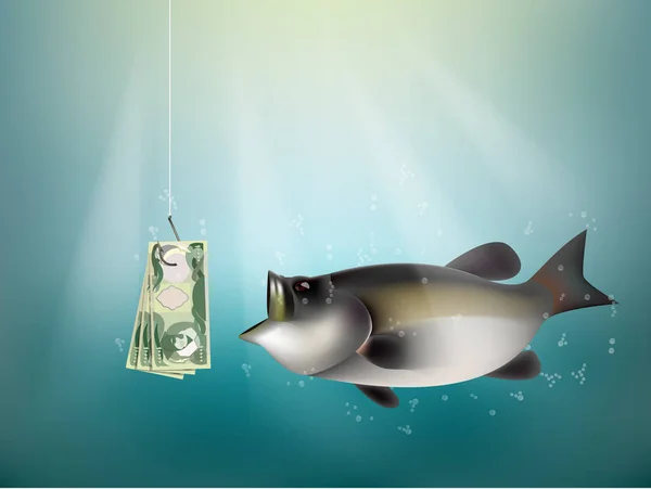 Dinar iraquí dinero papel en gancho de pescado, pesca con dinar iraquí dinero efectivo como cebo, concepto de riesgo de inversión de Irak idea — Vector de stock