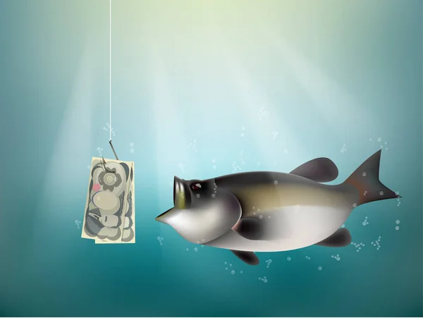 Японская иена деньги бумага на крючок, рыбалка с использованием японских иен наличными в качестве приманки, Япония идея инвестиционного риска — стоковый вектор