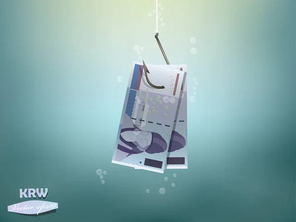 Ilustración de concepto de dinero, coreano ganó dinero papel en gancho de pescado — Archivo Imágenes Vectoriales