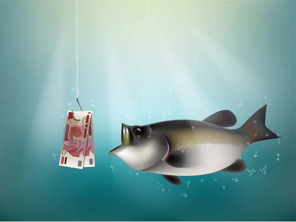 Peso mexicano dinheiro papel no gancho de peixe, pesca usando peso mexicano dinheiro dinheiro como isca, mexico investimento ideia conceito de risco — Vetor de Stock