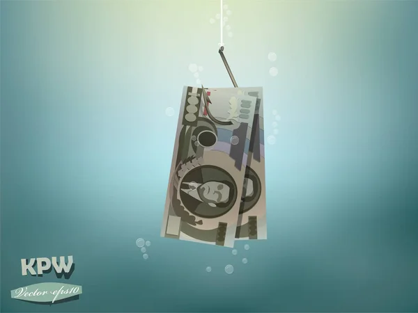 Pénz koncepció illusztráció, Észak-koreai won pénzt papír hal horogra — Stock Vector