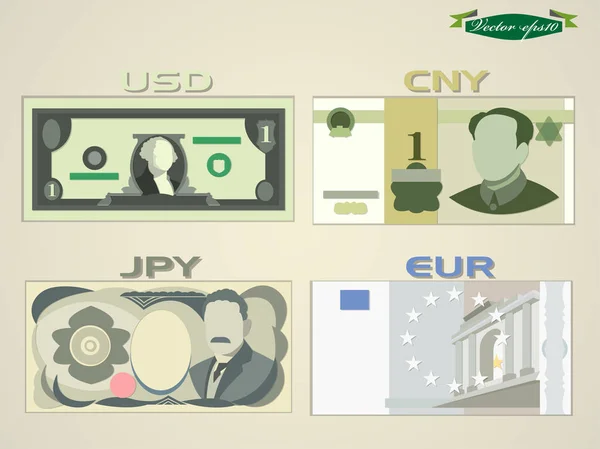 Vector de diseño gráfico mínimo de dólar estadounidense (USD) Yuan chino (CNY) yen japonés (JPY) y EUR papel moneda — Archivo Imágenes Vectoriales