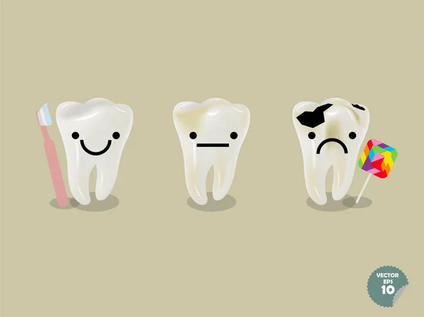 Conjunto de dientes realistas incluyendo dientes sanos con cepillo de dientes y dientes con caries con piruleta — Archivo Imágenes Vectoriales