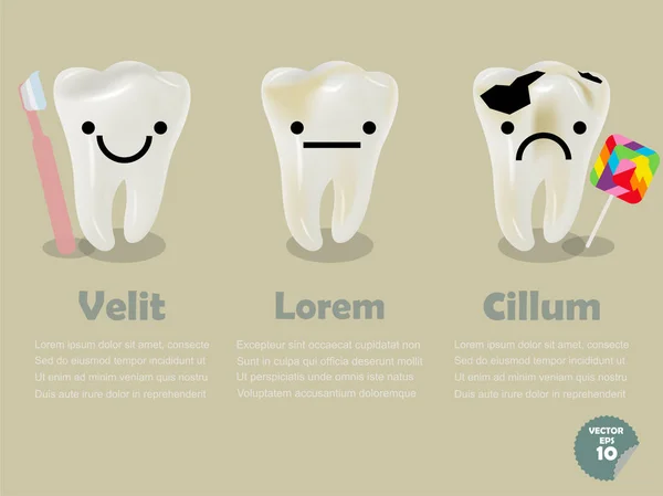 Conjunto de dientes realistas incluyendo dientes sanos con cepillo de dientes y dientes con caries con piruleta, gráficos de información de salud dental — Archivo Imágenes Vectoriales