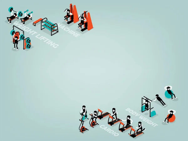Isometrisk illustration av workout gym med kopia utrymme — Stock vektor