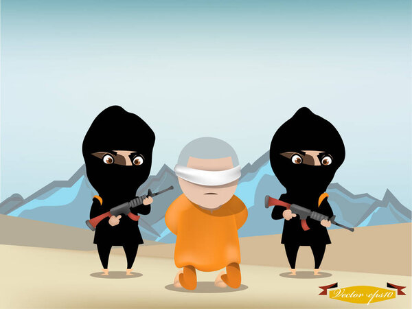 Заложник стоит на коленях перед террористом со своим пистолетом, концепцией графического дизайна террористов

