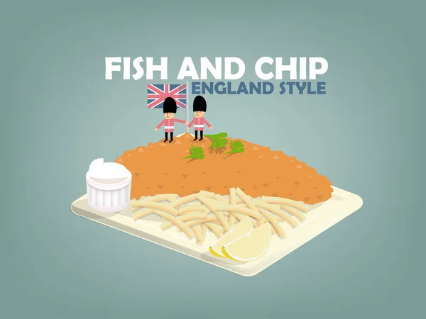 Belle conception de poisson et de chips, citron vert et mayonnaise sur plat plat, style alimentaire anglais — Image vectorielle